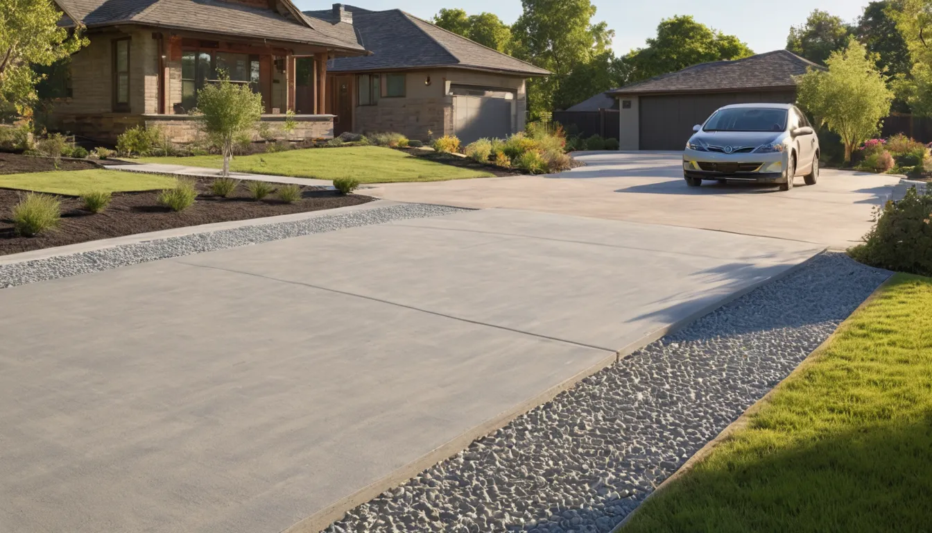 A new concrete driveway leading to a brick ranch home in Huntley