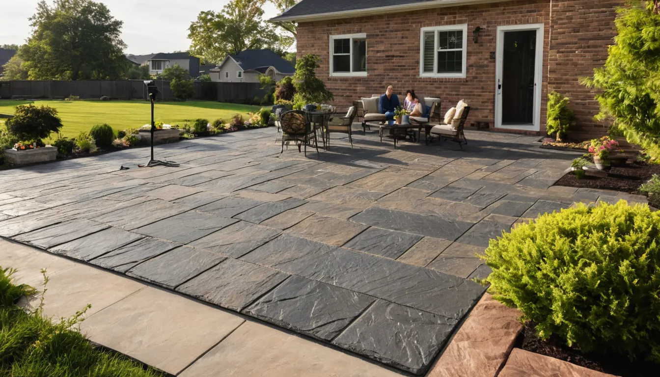Newly finished stamped concrete patio with a stone pattern behind a frame house in Huntley